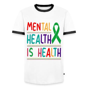 Mental Health is Health Break the Stigma - Men's Ringer Shirt - white/black - Front - AI Model Female 172 light (172cm) & AI Model Male 178 dark (178cm)