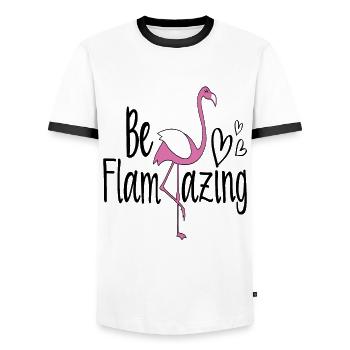 Be Flamazing Flamingo Quotes - Men's Ringer Shirt - white/black - Front - AI Model Female 172 light (172cm) & AI Model Male 178 dark (178cm)