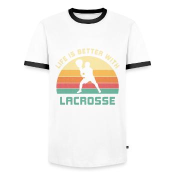 Life is better with lacrosse saying gift - Men's Ringer Shirt - white/black - Front - AI Model Female 172 light (172cm) & AI Model Male 178 dark (178cm)