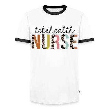 Telehealth Nurse Leopard Print Registered RN - Men's Ringer Shirt - white/black - Front - AI Model Female 172 light (172cm) & AI Model Male 178 dark (178cm)
