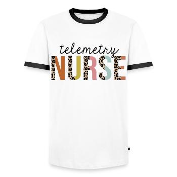 Telemetry Nurse Leopard Print Registered RN - Men's Ringer Shirt - white/black - Front - AI Model Female 172 light (172cm) & AI Model Male 178 dark (178cm)