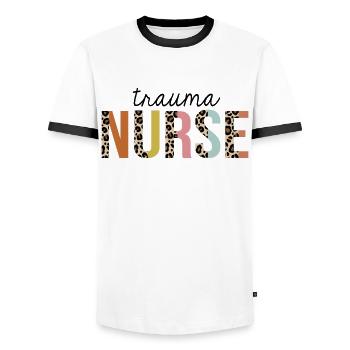 Trauma Nurse Leopard Print Registered RN Nursing - Men's Ringer Shirt - white/black - Front - AI Model Female 172 light (172cm) & AI Model Male 178 dark (178cm)