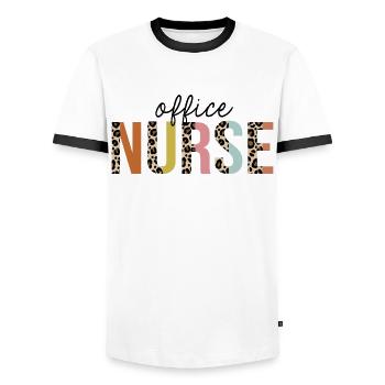Office Nurse Leopard Print Registered RN Nursing - Men's Ringer Shirt - white/black - Front - AI Model Female 172 light (172cm) & AI Model Male 178 dark (178cm)