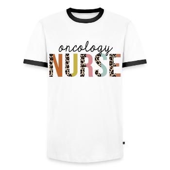 Oncology Nurse Leopard Print Registered RN - Men's Ringer Shirt - white/black - Front - AI Model Female 172 light (172cm) & AI Model Male 178 dark (178cm)