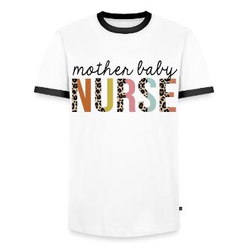 Mother-Baby Nurse Leopard Print Registered RN - Men's Ringer Shirt - white/black - Front - AI Model Female 172 light (172cm) & AI Model Male 178 dark (178cm)