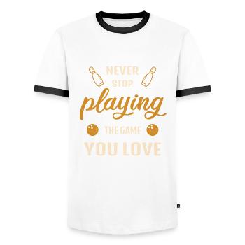 Never Stop Playing the Game Bowling Gift - Men's Ringer Shirt - white/black - Front - AI Model Female 172 light (172cm) & AI Model Male 178 dark (178cm)