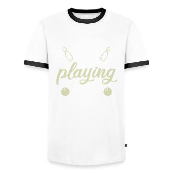 Never Stop Playing the Game Bowling Gift - Men's Ringer Shirt - white/black - Front - AI Model Female 172 light (172cm) & AI Model Male 178 dark (178cm)