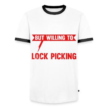 Introverted But Willing To Discuss Lock Picking - Men's Ringer Shirt - white/black - Front - AI Model Female 172 light (172cm) & AI Model Male 178 dark (178cm)