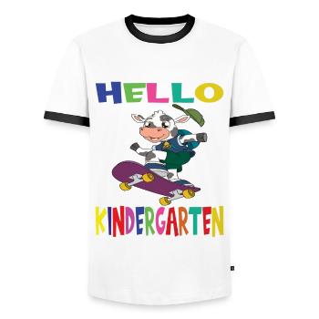 Hello Kindergarten Skateboarding Cow - Men's Ringer Shirt - white/black - Front - AI Model Female 172 light (172cm) & AI Model Male 178 dark (178cm)