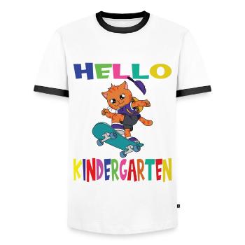 Bonjour Kindergarten Skateboarding Cat - T-shirt contrasté Homme - blanc/noir - Devant - AI Model Female 172 light (172cm) & AI Model Male 178 dark (178cm)