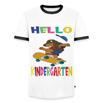 Hello Kindergarten Skateboarding Dog - Men's Ringer Shirt - white/black - Front - AI Model Female 172 light (172cm) & AI Model Male 178 dark (178cm)