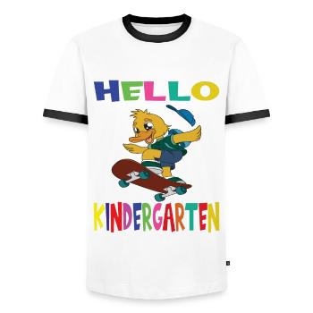Hello Kindergarten Skateboarding Duck - Men's Ringer Shirt - white/black - Front - AI Model Female 172 light (172cm) & AI Model Male 178 dark (178cm)