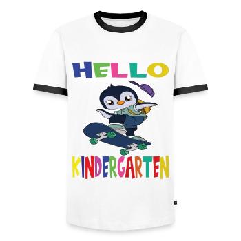 Hello Kindergarten Skateboarding Penguin - Men's Ringer Shirt - white/black - Front - AI Model Female 172 light (172cm) & AI Model Male 178 dark (178cm)