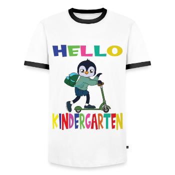 Hello Kindergarten Penguin With Scooter - Men's Ringer Shirt - white/black - Front - AI Model Female 172 light (172cm) & AI Model Male 178 dark (178cm)