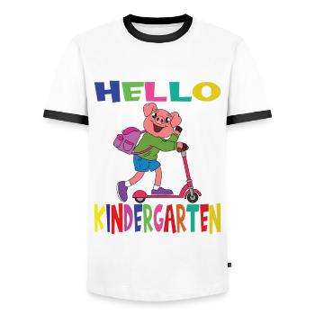 Hello Kindergarten Pig With Scooter - Men's Ringer Shirt - white/black - Front - AI Model Female 172 light (172cm) & AI Model Male 178 dark (178cm)