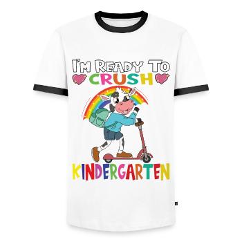 Cow With Scooter I'm Ready To Crush Kindergarten - Men's Ringer Shirt - white/black - Front - AI Model Female 172 light (172cm) & AI Model Male 178 dark (178cm)