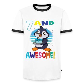 7 And Awesome Birthday Penguin Birthday Cake - Men's Ringer Shirt - white/black - Front - AI Model Female 172 light (172cm) & AI Model Male 178 dark (178cm)