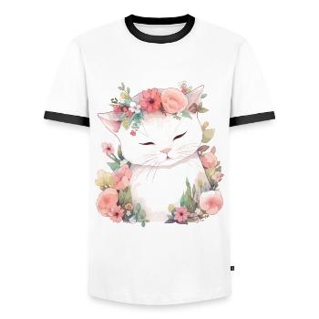 Katze Blumen Aquarell Zeichnung Kunst Bunt Floral - Männer Kontrast-T-Shirt - Weiß/Schwarz - Vorne - AI Model Female 172 light (172cm) & AI Model Male 178 dark (178cm)