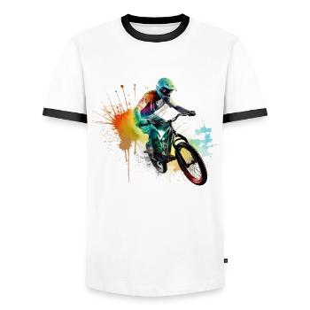 BMX Bicycle Biker Stunt Trick Freestyle Splash - Men's Ringer Shirt - white/black - Front - AI Model Female 172 light (172cm) & AI Model Male 178 dark (178cm)