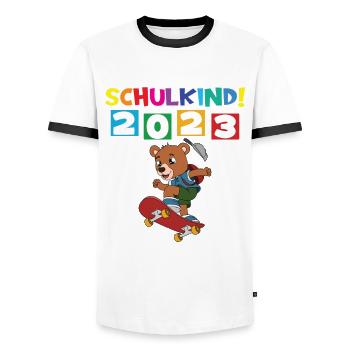 Schulkind 2023 Einschulung 2023 Schulanfang - Männer Kontrast-T-Shirt - Weiß/Schwarz - Vorne - AI Model Female 172 light (172cm) & AI Model Male 178 dark (178cm)