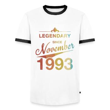 30th Birthday Legendary November 1993 Volume 93 - Men's Ringer Shirt - white/black - Front - AI Model Female 172 light (172cm) & AI Model Male 178 dark (178cm)