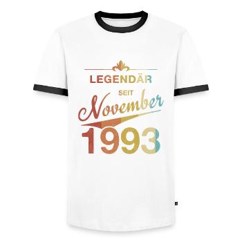 30th Birthday Legendary November 1993 Volume 93 - Men's Ringer Shirt - white/black - Front - AI Model Female 172 light (172cm) & AI Model Male 178 dark (178cm)