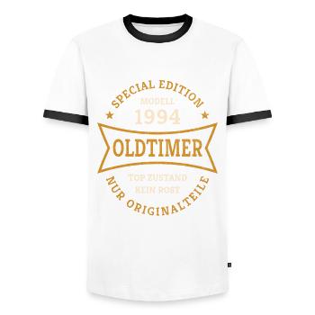 30. Geburtstag Jahrgang 1994 Oldtimer 30 Jahre - Männer Kontrast-T-Shirt - Weiß/Schwarz - Vorne - AI Model Female 172 light (172cm) & AI Model Male 178 dark (178cm)