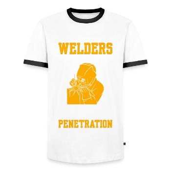 Les soudeurs sont polyvalents dans toutes les positions - T-shirt contrasté Homme - blanc/noir - Devant - AI Model Female 172 light (172cm) & AI Model Male 178 dark (178cm)