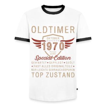 53. Geburtstag Oldtimer Oktober Jahrgang 1970 - Männer Kontrast-T-Shirt - Weiß/Schwarz - Vorne - AI Model Female 172 light (172cm) & AI Model Male 178 dark (178cm)