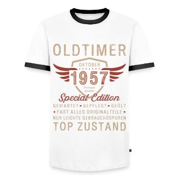 66. Geburtstag Oldtimer Oktober Jahrgang 1957 - Männer Kontrast-T-Shirt - Weiß/Schwarz - Vorne - AI Model Female 172 light (172cm) & AI Model Male 178 dark (178cm)