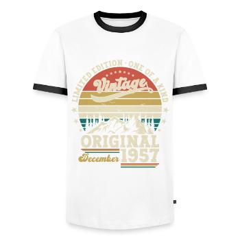 66th Birthday Original December Vintage 1957 - Men's Ringer Shirt - white/black - Front - AI Model Female 172 light (172cm) & AI Model Male 178 dark (178cm)