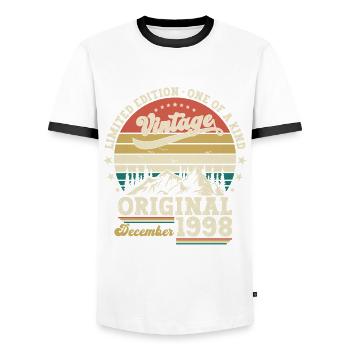 25. Geburtstag Original Dezember Jahrgang 1998 - Männer Kontrast-T-Shirt - Weiß/Schwarz - Vorne - AI Model Female 172 light (172cm) & AI Model Male 178 dark (178cm)