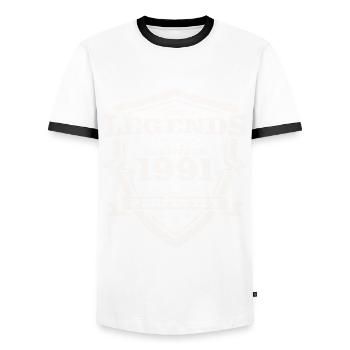 December Vintage 1991 32nd Birthday Legend - Men's Ringer Shirt - white/black - Front - AI Model Female 172 light (172cm) & AI Model Male 178 dark (178cm)