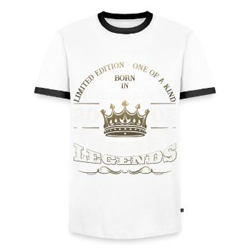 December Vintage 2002 21st Birthday Legend - Men's Ringer Shirt - white/black - Front - AI Model Female 172 light (172cm) & AI Model Male 178 dark (178cm)
