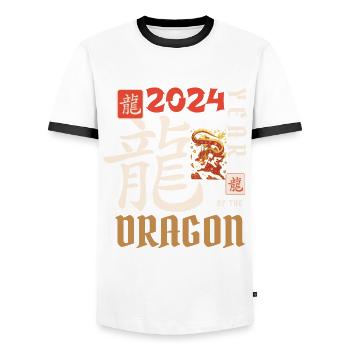 Nouvel An chinois Année du Dragon 2024 - T-shirt contrasté Homme - blanc/noir - Devant - AI Model Female 172 light (172cm) & AI Model Male 178 dark (178cm)