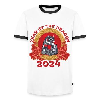Nouvel An chinois Année du Dragon 2024 - T-shirt contrasté Homme - blanc/noir - Devant - AI Model Female 172 light (172cm) & AI Model Male 178 dark (178cm)