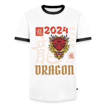 Nouvel An chinois Année du Dragon 2024 - T-shirt contrasté Homme - blanc/noir - Devant - AI Model Female 172 light (172cm) & AI Model Male 178 dark (178cm)