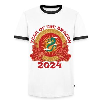 Nouvel An chinois Année du Dragon 2024 - T-shirt contrasté Homme - blanc/noir - Devant - AI Model Female 172 light (172cm) & AI Model Male 178 dark (178cm)