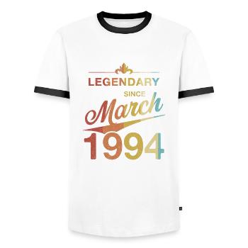 30th Birthday Legendary March 1994 Volume 94 - Men's Ringer Shirt - white/black - Front - AI Model Female 172 light (172cm) & AI Model Male 178 dark (178cm)