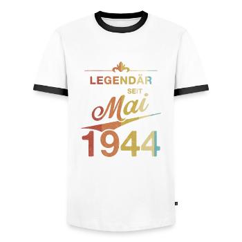 80. Geburtstag Legendär seit Mai 1944 Jahrgang 44 - Männer Kontrast-T-Shirt - Weiß/Schwarz - Vorne - AI Model Female 172 light (172cm) & AI Model Male 178 dark (178cm)