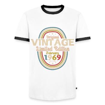 55e anniversaire Février Millésime 1969 Millésime - T-shirt contrasté Homme - blanc/noir - Devant - AI Model Female 172 light (172cm) & AI Model Male 178 dark (178cm)