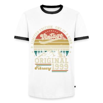 25e anniversaire Original Février Année 1999 - T-shirt contrasté Homme - blanc/noir - Devant - AI Model Female 172 light (172cm) & AI Model Male 178 dark (178cm)