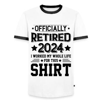 Officially Retired 2024 I Worked My Whole Life - Men's Ringer Shirt - white/black - Front - AI Model Female 172 light (172cm) & AI Model Male 178 dark (178cm)