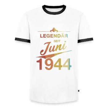 80. Geburtstag Legendär seit Juni 1944 Jahrgang 44 - Männer Kontrast-T-Shirt - Weiß/Schwarz - Vorne - AI Model Female 172 light (172cm) & AI Model Male 178 dark (178cm)