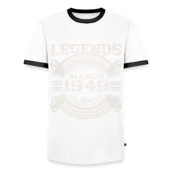 75th birthday Legendary since March Born in 1949 - Men's Ringer Shirt - white/black - Front - AI Model Female 172 light (172cm) & AI Model Male 178 dark (178cm)