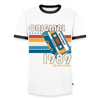 35e anniversaire mari avril Vintage 1989 Cassette - T-shirt contrasté Homme - blanc/noir - Devant - AI Model Female 172 light (172cm) & AI Model Male 178 dark (178cm)