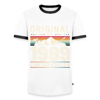 35th Birthday Husband Original May Vintage 1989 - Men's Ringer Shirt - white/black - Front - AI Model Female 172 light (172cm) & AI Model Male 178 dark (178cm)