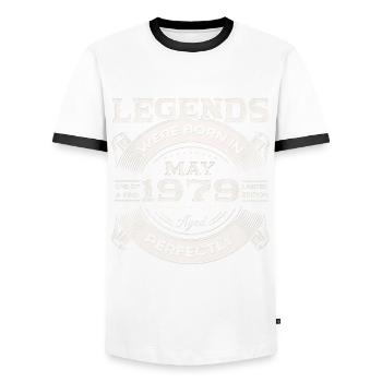 Geburtstag 1979 Mai 1979 Jahrgang 1979 Legende 79 - Männer Kontrast-T-Shirt - Weiß/Schwarz - Vorne - AI Model Female 172 light (172cm) & AI Model Male 178 dark (178cm)