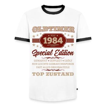 Oldtimer Mai 1984 Jahrgang 1984 Geburtstag 1984 - Männer Kontrast-T-Shirt - Weiß/Schwarz - Vorne - AI Model Female 172 light (172cm) & AI Model Male 178 dark (178cm)