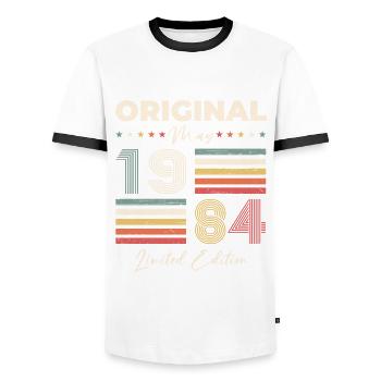 40th Birthday Man Vintage May Vintage 1984 - Men's Ringer Shirt - white/black - Front - AI Model Female 172 light (172cm) & AI Model Male 178 dark (178cm)